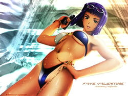 1girls bikini blue_hair bracelet breasts cleavage cowboy_bebop faye_valentine female gun hairband hand_on_hip human large_breasts legs looking_at_viewer navel pale-skinned_female pale_skin pinup purple_hair short_hair solo sunglasses sunglasses_on_head swimsuit thong toshihiro_kawamoto underboob weapon