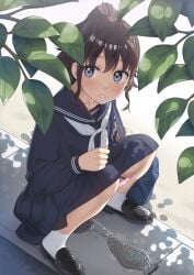 1girls ankle_socks anklehighs black_loafers blue_eyes blush brown_hair embarrassed leaves loafers panty_pull peeing pink_panties puddle school_uniform shoes socks socks_and_shoes squatting white_socks