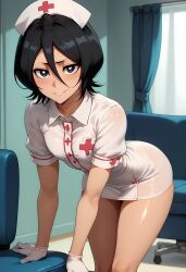 1girls ai_generated black_hair bleach chair curvy_hips gloves kuchiki_rukia leaning_forward nurse nurse_cap nurse_clothing nurse_uniform small_breasts