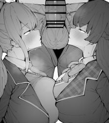 1boy 2girls absurdres alternate_breast_size bar_censor blazer blue_poncho blush bow bowtie breast_press breasts censored collared_shirt commentary_request dress_shirt greyscale half_up_braid highres higuchi_kaede higuchi_kaede_(1st_costume) huge_breasts jacket large_penis leg_grab looking_at_penis monochrome multiple_girls necktie nervous_sweating nijisanji paid_reward_available penis ririri_(draw) school_uniform shirt sidelocks sweat sweater_vest symmetrical_docking trembling tsukino_mito tsukino_mito_(1st_costume) upper_body veins veiny_penis very_sweaty virtual_youtuber