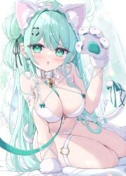 aqua_eyes aqua_hair cat_ears catgirl chestnut_mouth cleavage clover_hair_ornament collar cute_fang double_bun female hair_ornament large_breasts leash mikaze_oto neoteny on_bed original original_character paw_gloves thigh_strap very_long_hair