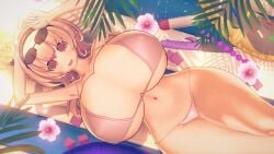 3d arms_up beach bikini blush cleavage compa condom from_above headband huge_breasts hyper hyper_breasts jared(pixiv60547267) light_skin looking_at_viewer lying lying_on_back neptunia_(series) open_mouth orange_eyes orange_hair round_breasts sex_toy short_hair smile solo sunglasses sunglasses_on_head thick_thighs