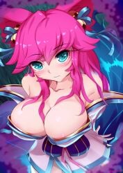 ahri areola areolae big_breasts blue_eyes breasts cherry_blossoms cleavage fox_girl fox_tail kimono kitsune kumiho league_of_legends long_hair looking_at_viewer pink_hair pudding300 riot_games self_upload spirit_blossom_ahri spirit_blossom_series teal_eyes thighs vastaya water whisker_markings