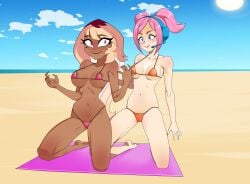 2girls anoneysnufftan applying_sunscreen beach beach_towel bikini blonde_hair blue_eyes dark-skinned_female dark_skin embarrassed female female_only headset helluva_boss humiliation imminent_death killer_lotion kneeling long_hair massage murder ocean peril pink_eyes pink_hair punishment rubbing sand seaside short_hair sitting sky snuff space_channel_5 summer sunbathing swimsuit towel ulala verosika_mayday_(helluva_boss)