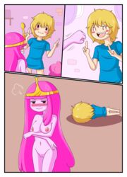 adventure_time blonde_hair finn_the_human pink_hair pink_skin princess_bubblegum wb_(pixiv5616725)