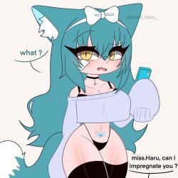 confused g_string gacha lewd_haru_(artist) no_pants phone_in_hand raised_eyebrow thighhighs