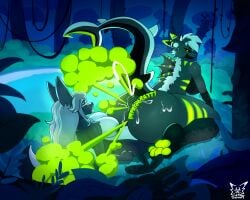 anthro ass bodily_fluids breasts cum duo fart fart_fetish fart_on_penis farting_on_penis female forest forest_background genital_fluids genitals hi_res nature nature_background paws penis plant sharkskunk skunky_the_hybrid tongue tongue_out tree