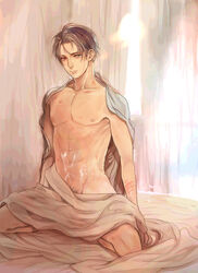 1boy abs after_sex attack_on_titan bed black_hair blush cum cum_on_body levi levi_ackerman male male_only muscle nude pecs solo tagme yuu_(1969loy)