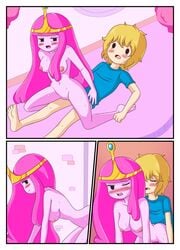 adventure_time blonde_hair female finn_the_human human male penetration pink_hair pink_skin princess_bubblegum reverse_cowgirl_position straight vaginal_penetration wb_(pixiv5616725)