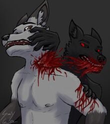 absurd_res anthro bite biting_another blood blood_drip blood_in_mouth blood_on_face blood_splatter blood_spray bodily_fluids canid canine canis crying dripping duo flesh gore gore_focus hi_res male male/male mammal mythological_canine mythological_creature mythology neck_bite nipples scratches scratching stinkycoyote tears violence werecanid werecanine werecreature werewolf wolf