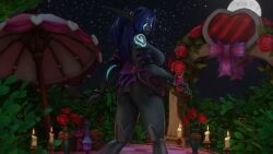 3d ash_bladesong blue_eyes blue_hair body_markings body_tattoo circlet elf elf_ears female glowing_eyes leaves_in_hair morilymory night_elf pointed_ears scars scars_on_chest tattoo world_of_warcraft