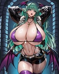 1girls adjusting_hair alternate_costume bangs bat_earrings belt big_breasts bikini blue_eyes breasts capcom chains choker cleavage cross_necklace darkstalkers earings female female_only gold_chain gold_earrings gold_necklace green_hair hands_behind_head head_wings huge_breasts large_breasts leather leather_clothing leather_jacket long_hair morrigan_aensland navel navel_piercing open_mouth piercing purple_bikini short_shorts solo solo_female succubus succubus_wings thighhighs turquoise_hair wings wolffeld_price