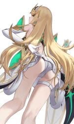 1girls adjusting_clothes ass_focus back back_view backless_outfit blonde_hair cyndaquil_hzm earrings elbow_gloves female female_only garter_straps gloves gold_eyes hi_res kneepits legs light-skinned_female light_skin long_hair looking_back microskirt miniskirt mythra mythra_(xenoblade) nintendo panties pantyshot pantyshot_(standing) shoulders simple_background skimpy_dress skindentation skirt skirt_lift sword thigh_strap thighs tiara upskirt upskirt_view very_high_resolution viewed_from_below weapon white_background white_dress white_panties xenoblade_(series) xenoblade_chronicles_(series) xenoblade_chronicles_2