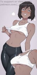 _yumidreams abs ai_generated armpits athletic avatar_legends black_leggings blue_eyes blush blush_lines blushing_at_viewer breasts_focus brown_hair chest_focus clothed collarbone crop_top dark-skinned_female dark_skin female flushed_cheeks flushed_face gym_clothes gym_clothing highres korra leggings looking_at_viewer medium_breasts naughty_face navel no_bra no_explicit patreon_username perfect_body sexy sexy_body sexy_pose shirt_pull shirt_pulled short_hair simple_background slim_waist sweat teeth the_legend_of_korra thick_thighs tired toned toned_body toned_female underboob white_crop_top