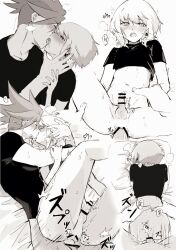 2boys anal anal_sex androgynous ass bar_censor bed black_shirt bottomless censored femboy from_behind from_behind_position galo_thymos gay gay_sex greyscale kissing lio_fotia male monochrome penis pov promare sex short_hair small_penis smaller_penetrated twink yaoi