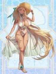 ankle_flower bagna_cauda_(root_eden) bare_shoulders barefoot_sandals_(jewelry) blonde_hair blush bracelet breasts cleavage collar crossed_legs dark-skinned_female dark_skin dress female flower full_body hat highres huge_breasts jewelry large_hat leg_tattoo long_hair looking_at_viewer metal_collar nail_polish open_mouth red_eyes root_eden shiny_skin shoulder_tattoo solo straw_hat sun_hat tattoo toenail_polish toenails uohei_(tw) very_long_hair watson_cross white_dress