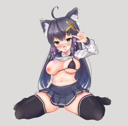absurdres ahoge animal_ears ankuru_(ankle_art2) bikini black_bikini black_hair black_pants black_skirt black_thighhighs blush breasts breath cross_hair_ornament cum cum_in_mouth cum_on_body cum_on_breasts emil_chronicle_online empty_eyes fake_animal_ears female green_eyes grey_background hair_ornament highres kiyohime_lore large_breasts long_hair micro_bikini navel nipples official_alternate_costume pants pleated_skirt school_uniform serafuku sitting skirt solo swimsuit thighhighs w wariza