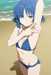 1girls accurate_art_style ai_generated armpit armpit_fetish armpits beach bikini blue_bikini bocchi_the_rock! female looking_at_viewer one_arm_up petite presenting presenting_armpit serious skinny solo sweaty teenage_girl teenager yamada_ryou