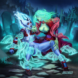 blue_hair blue_skin breast_grab breasts death_prophet dota_2 dress female fingering ghost glowing_eyes graveyard green_eyes green_hair green_skin group krobelus_the_death_prophet marmar nipples orange_eyes pussy rape shendelzare undead vengeful_spirit yuri