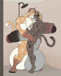 5_fingers absurd_res anthro anthro_on_anthro balls balls_touching big_balls big_penis duo felid fingers genitals hair hi_res huge_balls huge_cock humanoid_genitalia humanoid_penis hyper hyper_balls hyper_genitalia hyper_penis kamui_behemoth kissing male male/male mammal muscular muscular_anthro muscular_male penis tail vein veiny_penis