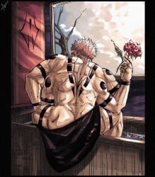 back_view big_ass big_muscles gay male pink_hair ryoumen_sukuna_(jujutsu_kaisen) tattoo_on_back