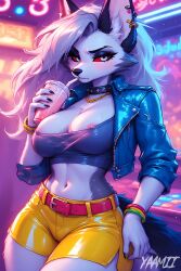 ai_generated anthro arcade ass big_breasts big_butt breasts canid canine colorful female furry gray_fur hellhound helluva_boss loona_(helluva_boss) nipples tagme thick_thighs waist white_fur yaamii