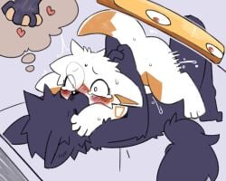 5:4 ambiguous_penetration angel anthro arm_tuft biped blue_body blue_fur blush blushing_profusely bodily_fluids bubble canid canine canis cheek_tuft chest_tuft closed_eyes constricted_pupils digital_drawing_(artwork) digital_media_(artwork) digitigrade dragon dream facial_tuft female female_on_top fur furred_dragon furred_scalie hand_holding head_tuft heart_symbol hi_res hug intimate intraspecies kissing lying male male_on_bottom mammal motion_lines mythological_creature mythological_scalie mythology narrowed_eyes nifram_logan nose_blush on_back on_bottom on_top ophan penetration pizademokttero pupils restrained scalie sex shaking shoulder_tuft simple_background sleeping small_pupils snot snot_bubble tail tan_background tears three-quarter_view tremble_lines trembling tuft white_body white_fur wolf