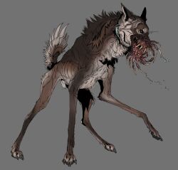 absurd_res animal_genitalia bodily_fluids canid canid_demon canine canine_demon canis collar demon digital_media_(artwork) domestic_dog feral fur genitals hi_res long_legs long_teeth male mammal monster paws penis rog_(rogulus) saliva sheath solo srutisss tail tongue wolf