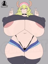 1girls areola ass big_areola big_ass big_breasts big_nipples black_topwear blouse breasts clitoris closed_eyes curvy curvy_body curvy_female curvy_figure dragon_maid erect_nipples erect_nipples_under_clothes female female_only flat_colors grey_background huge_ass huge_breasts huge_nipples miss_kobayashi's_dragon_maid nipples puffy_pussy pussy shorts swollen_pussy thick thick_thighs thong