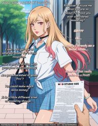 1boy ai-created ai-generated ai_generated bag barbell_piercing bead_bracelet beads black_choker blonde_hair blue_bag blue_necktie blue_neckwear blue_skirt bracelet breast_pocket breasts choker clothing collared_shirt ear_piercing earrings english_language english_text female gradient_hair gyaru high_resolution holding holding_bag holding_paper industrial_piercing jewelry kitagawa_marin lace_choker lips long_hair looking_at_viewer makeup male multicolored_hair nail_polish necktie neckwear outdoors paper piercing pink_hair pink_lips pink_nails plaid plaid_skirt pleated_skirt pocket pov_hands red_eyes road school_bag school_uniform shirt short_sleeves skirt smile solo_focus sono_bisque_doll_wa_koi_wo_suru text tied_shirt tree two-tone_hair uniform white_shirt wodstudio