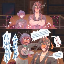 anton_ivanov belle_(zenless_zone_zero) blush confused controller couch covering_another's_eyes flame_print hair_ornament hairpin headband highres kissing marinahmint muscular muscular_male on_couch remote_control slapping spiked_hair tape television watching yellow_headband zenless_zone_zero