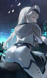 1girl absurdres ass battlesuit black_halo blue_archive bodysuit halo head-mounted_display highres himari_(armed)_(blue_archive) himari_(blue_archive) long_hair looking_at_viewer motor_vehicle motorcycle multicolored_halo official_alternate_costume on_motorcycle pointy_ears purple_eyes solo two-tone_halo white_bodysuit white_hair white_halo
