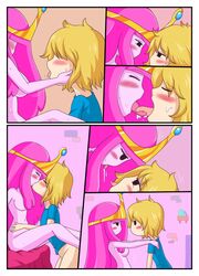 adventure_time blonde_hair female finn_the_human french_kiss human male pink_hair pink_skin princess_bubblegum straight wb_(pixiv5616725)