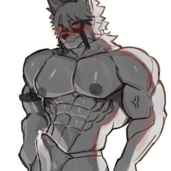 apzapuru bara bara_tiddies blush_lines furry gay male muscular muscular_anthro muscular_male precum precum_bubble precum_on_penis precum_through_clothing precum_through_underwear von_lycaon zenless_zone_zero zzz