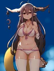 ahoge archway_of_venus arm_behind_back bandaged_arm bandages bangs bare_shoulders bikini blue_sky breast_hold breasts clavicle cleavage clothing cowboy_shot crescent danua day doll draph_race_(granblue_fantasy) ear female front-tie_bikini front-tie_top gluteal_fold gradient gradient_background granblue_fantasy hair_between_eyes hand_on_chest hand_on_own_chest hansel_(granblue_fantasy) high_resolution horn_ornament horns innertube jewelry katsudansou large_breasts legwear light_frown long_hair navel necklace o_o pointed_ears purple_hair red_eyes side-tie_bikini side-tie_swimsuit sky solo swimsuit thighhighs very_high_resolution very_long_hair white_bikini white_legwear white_swimsuit
