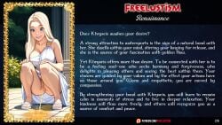 ancient_greece ancient_rome blonde_female blonde_hair blonde_hair_female blue_eyes caption character_bio character_profile character_sheet commentary english english_commentary english_text female female_focus female_only frame framed framed_picture freelustism khryseis_(freelustism) long_hair mythology original_character peeing peeing_on_floor pussy religion sandals solo solo_female solo_focus spirit story teen teenager text thighs toes urinating urinating_female urination urine urine_on_ground urine_stream white_dress white_sandals young younger_female