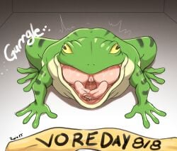 2023 4_toes 5_toes ambiguous_gender ambiguous_pred amphibian ass bodily_fluids duo english_text feet female female_prey feral feral_pred frog genital_fluids genitals green_body human human_prey inside mammal multicolored_body pink_vulva pussy rupie_(artist) shaded text toes vaginal_fluids vore vore_day vulva willing_prey yellow_eyes