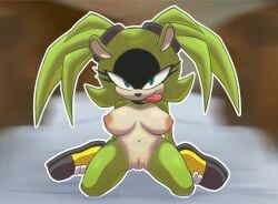 absurd_res afrosoricid anthro areola big_breasts black_body black_fur black_nose blue_eyes breasts caminacarro4000 clothing eyelashes facial_markings female footwear footwear_only front_view fur genitals green_body green_fur grey_clothing grey_footwear grey_shoes head_markings hi_res idw_publishing kneeling mammal markings mostly_nude navel nipples nude pink_areola pink_nipples sega shoes shoes_only solo sonic_the_hedgehog_(comics) sonic_the_hedgehog_(idw) sonic_the_hedgehog_(series) surge_the_tenrec tan_body tan_fur tenrec thick_thighs tongue tongue_out twintails_(hairstyle) vulva wide_hips yellow_clothing yellow_footwear yellow_shoes