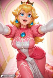 ai_generated blonde_hair blue_eyes breasts bukkake crown cum cum_on_body cum_on_clothes cum_on_hair dress earrings elbow_gloves facial female gloves high_resolution highres indoors jewelry kneeling large_breasts lips long_hair looking_at_viewer mario_(series) nintendo open_mouth outstretched_arms patreon_username pink_dress pink_lips princess_peach puffy_sleeves smile solo stable_diffusion super_mario_bros. teeth upper_teeth_only waifuscans418 watermark web_address white_gloves