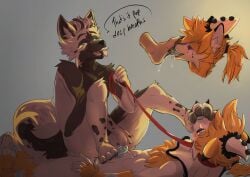 animal_humanoid blush blush_lines bodily_fluids bodily_fluids_drip bodily_fluids_on_penis canid canid_humanoid canine canine_humanoid chest_fur chest_tuft claws closed_eyes clown_costume clown_makeup collar dominant dominant_male dripping duo feet fluffy fluffy_chest foot_fetish foot_focus foot_lick foot_on_crotch foot_on_face foot_on_head foot_play fur genital_fluids hair hi_res humanoid leaking_precum leash leash_pull leashed_collar leashed_male licking male male/male mammal mammal_humanoid mats_(glasnir) multicolored_body multicolored_fur multicolored_tail narrowed_eyes on_lap open_mouth open_smile pawpads ponytail precum pressed_against_penis saliva saliva_drip saliva_on_foot saliva_on_tongue saliva_string sitting sitting_on_another sitting_on_ground sitting_on_lap smile tabascomilk tail toe_claws tongue tuft tuskjumps wolf_humanoid