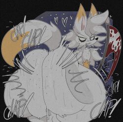 animal_humanoid anthro ass ass_clapping balls big_butt blood blood_on_weapon bodily_fluids canid canid_humanoid canine canine_humanoid canis fox freckled_butt freckled_face freckles genitals hi_res huge_butt humanoid hyper hyper_butt looking_at_viewer mammal mammal_humanoid melee_weapon multicolored_body okari_okami_(rogywantscoffee) polearm rogywantscoffee scythe smug_face solo solo_focus tail thick_thighs tuft twerking weapon wolf