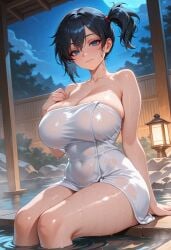 ai_generated bangs bare_shoulders bathing black_hair blue_eyes blush breasts clavicle cleavage closed_mouth collarbone covered_navel female female_only full_moon hand_on_own_chest huge_breasts kasumi_(pokemon) lantern large_breasts looking_at_viewer misty_(the_electric_tale_of_pikachu) moon naked_towel night night_sky onsen outdoors partially_submerged pokemon ponytail rock short_hair side_ponytail sitting sky smile soaking_feet solo star_(sky) steam thighs towel water wet wet_towel white_towel