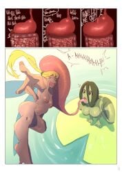 1boy 1futa balls belly big_belly breasts comic completely_nude digestion drool erection female frog_girl futa_on_male futanari green_eyes green_hair green_skin internal_view intersex kronguss long_hair male monster_girl nipples nude nude_futa nude_male oral_vore penis same_size_vore vore x-ray