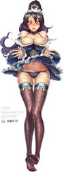 black_hair black_legwear black_panties breasts duplicate french_maid french_maid_nidalee league_of_legends navel nidalee panties skirt skirt_lift sp_magaet standing underwear