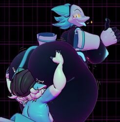 anal anaroth anthro ass big_breasts big_butt black_body blu_(bludoe) blue_hair blue_nipples breasts butt_grab cowgirl_position darkner deltarune dominant dominant_female duo felid feline female from_front_position fur hair hand_on_butt hi_res huge_butt kobold machine male male/female mammal nipples on_bottom on_top oral rimming robot scalie sex submissive submissive_male tasque_manager thick_thighs undertale_(series) white_body white_fur wide_hips