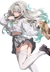 1girls black_shoes carrying_bag female firefly_(honkai:_star_rail) firefly_(spring_missive)_(honkai:_star_rail) honkai:_star_rail kneehighs long_hair multicolored_eyes multicolored_hair seifuku silver_skin upskirt white_kneehighs white_underwear