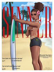 1girls 2025 2d 2d_(artwork) beach breasts brown_hair covered_breasts covering covering_breasts dark-skinned_female dark_skin digital_media_(artwork) female female_focus female_only flower flower_in_hair jamaican jamaican_female jamaican_flag joakadraws looking_at_viewer magazine_cover medium_breasts ponytail red_text rhonda_(summertime_saga) shorts sideboob summertime_saga surfboard text tight_shorts topless watermark