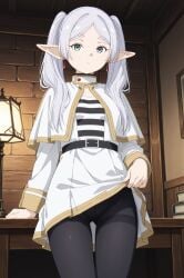 1girls 2020s 2025 ai_generated ass_visible_through_thighs elf elf_ears elf_female eyelashes female flashing frieren gluteal_fold green_eyes hi_res indoors lifted_by_self long_hair looking_at_viewer pale-skinned_female pale_skin pantyhose pointy_ears silver_hair skirt skirt_lift solo sousou_no_frieren standing thighs twintails