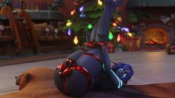 3d ash_bladesong blue_eyes blue_hair body_markings body_tattoo christmas christmas_present circlet elf elf_ears female glowing_eyes leaves_in_hair morilymory night_elf pointed_ears ribbon ribbon_bondage scars scars_on_chest tattoo world_of_warcraft