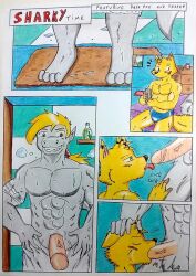 abs anthro balls bed belly biceps black_nose blonde_hair blue_clothing blue_underwear blush blush_lines bodily_fluids bulge canid canine cellphone chubby_anthro chubby_male closed_eyes clothing comic comic_panel confident confident_male dashfox dashthefox detailed detailed_background dripping duo english_text fellatio fish fluffy fluffy_tail fox fur furniture genital_fluids genitals green_eyes grey_body hair hand_on_head hi_res huge_pecs licking male male/male mammal manly marine motion_lines movement musclegut muscular muscular_anthro muscular_legs muscular_male nude obliques on_bed onomatopoeia open_mouth oral overweight overweight_anthro overweight_male pecs penile penis penis_lick phone pink_penis red_eyes sex shark sharp_teeth sitting sitting_on_bed slightly_chubby smartphone smile sound_effects steam tail teasing teeth text thick_penis tied_hair tongue tongue_out towel towel_only traditional_media_(artwork) tuft underwear vein veiny_penis wet wet_body wet_floor yellow_body yellow_fur